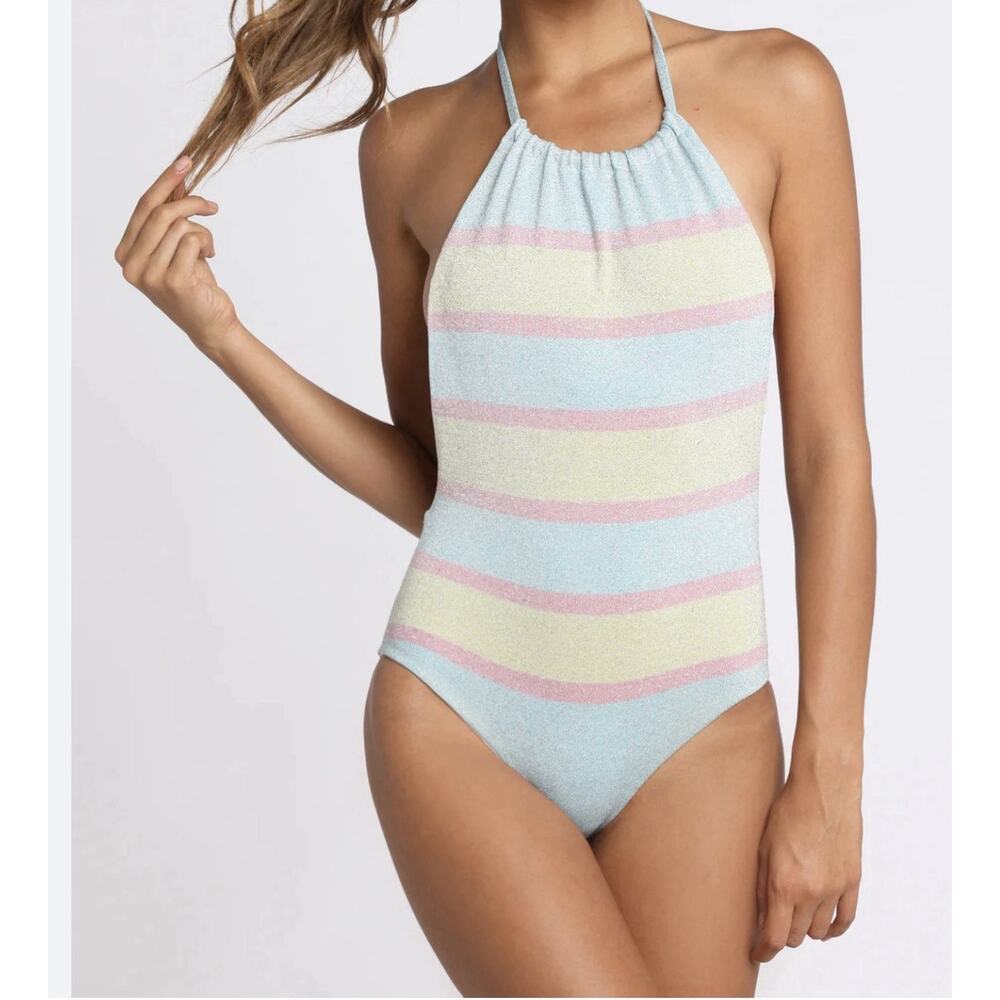 Beach Riot Metallic Sparkle Striped One-Piece Swimsuit Halter Neck S Blue Yellow